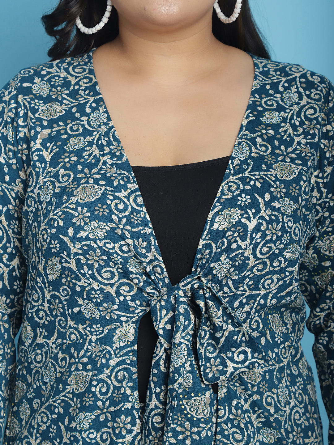 theRebelinme Plus Size Abstract Printed Longline Tie-Up Shrug