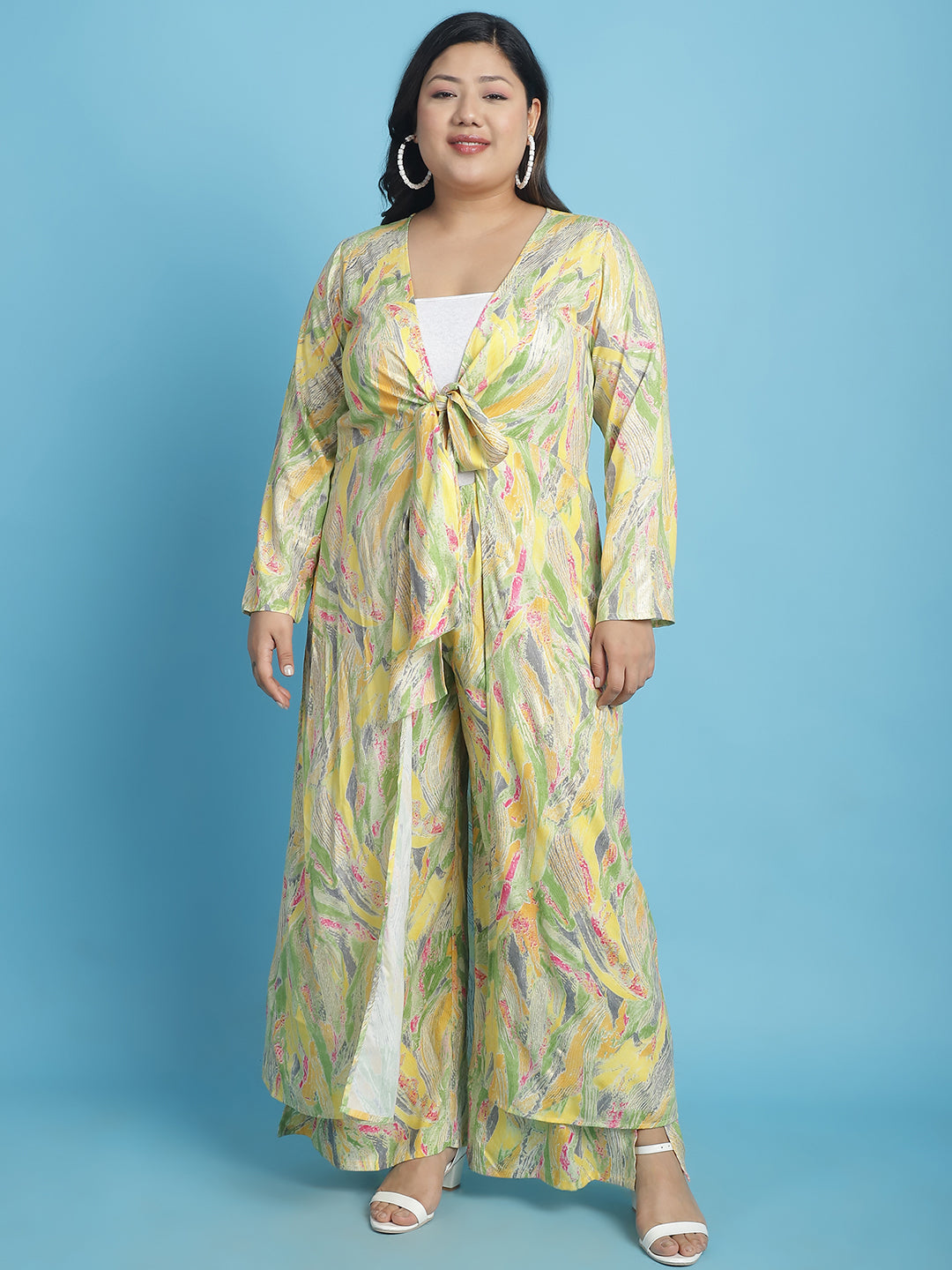theRebelinme Plus Size Abstract Printed Longline Tie-Up Shrug