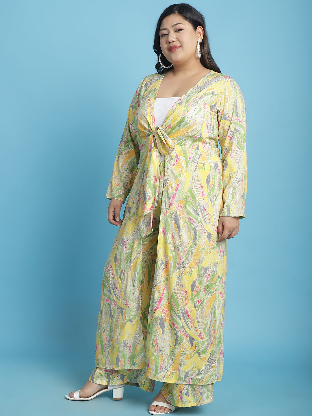 theRebelinme Plus Size Abstract Printed Longline Tie-Up Shrug