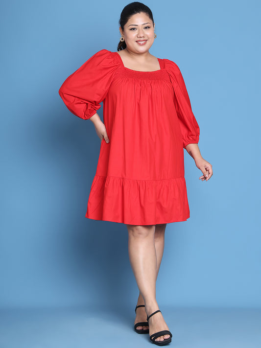 Women's Plus Size Red solid color woven A-Line Dress
