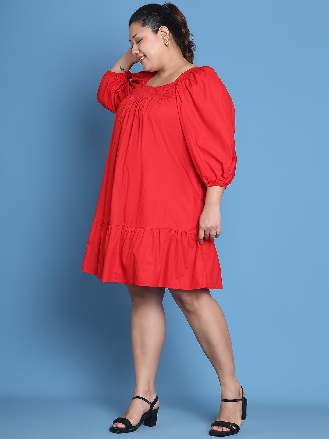 Women's Plus Size Red solid color woven A-Line Dress