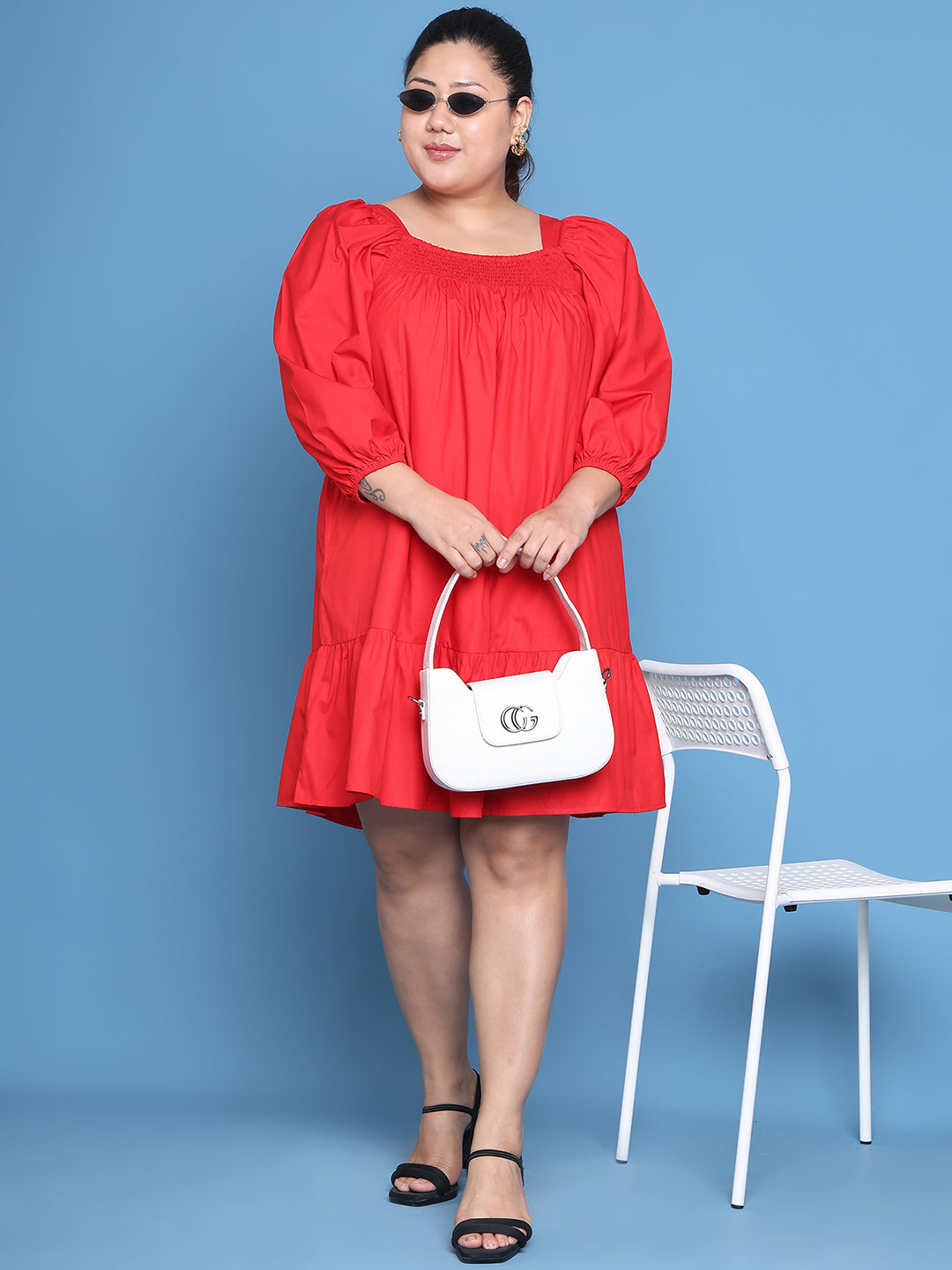 Women's Plus Size Red solid color woven A-Line Dress