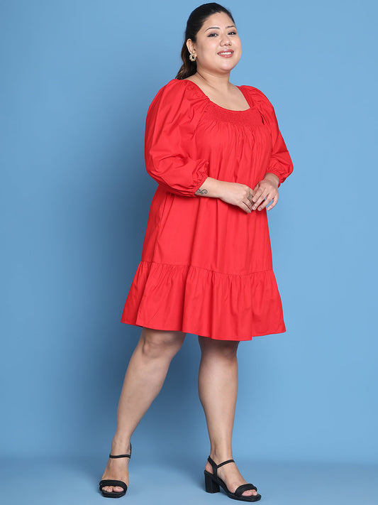 Women's Plus Size Red solid color woven A-Line Dress