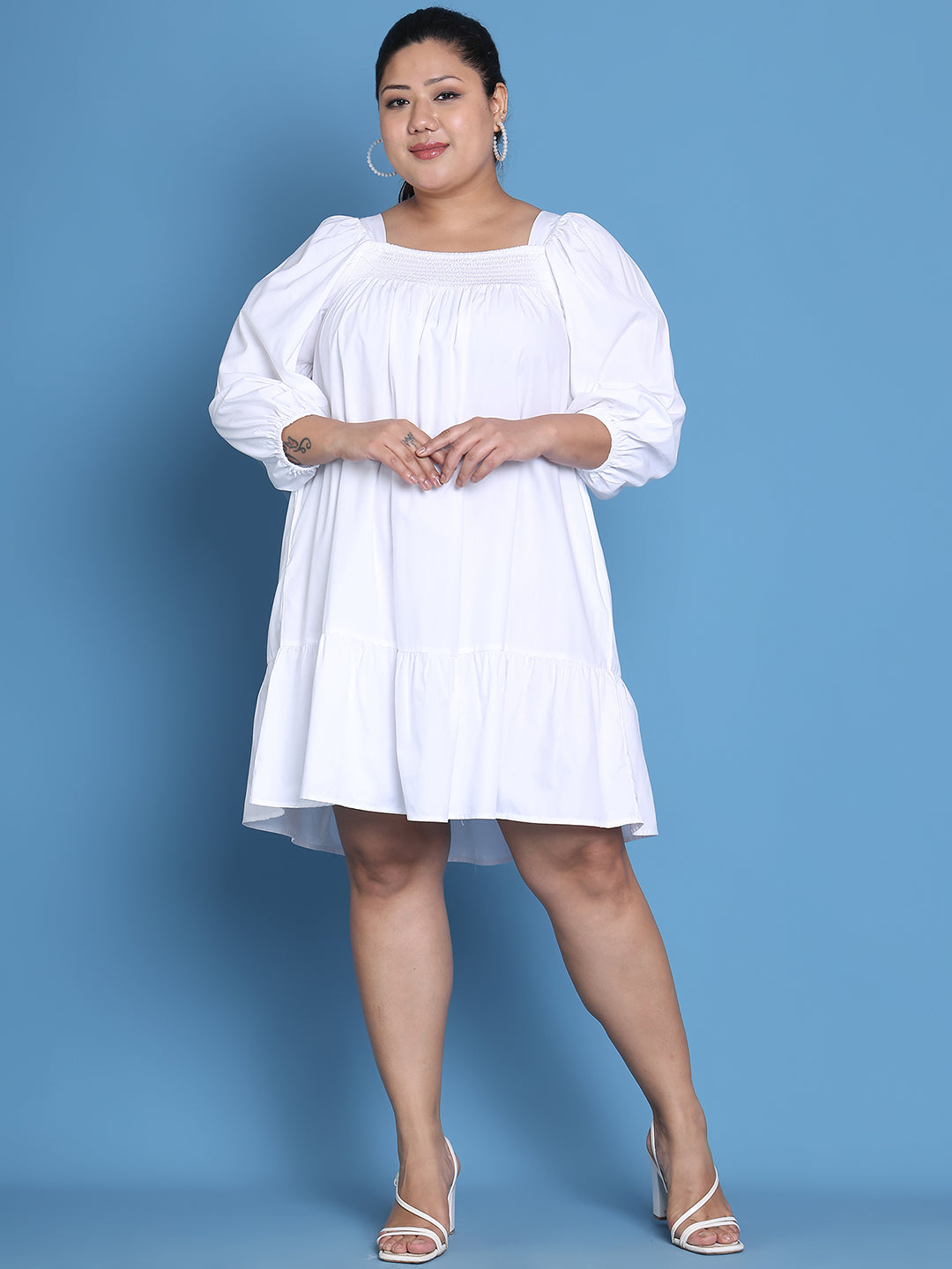 Women's Plus Size White solid color woven A-Line Dress