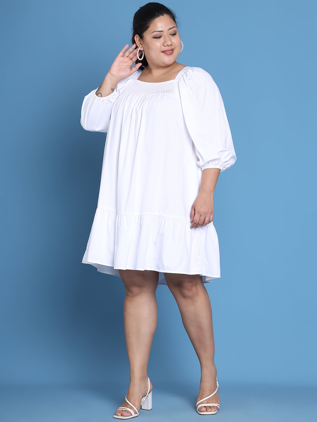 Women's Plus Size White solid color woven A-Line Dress
