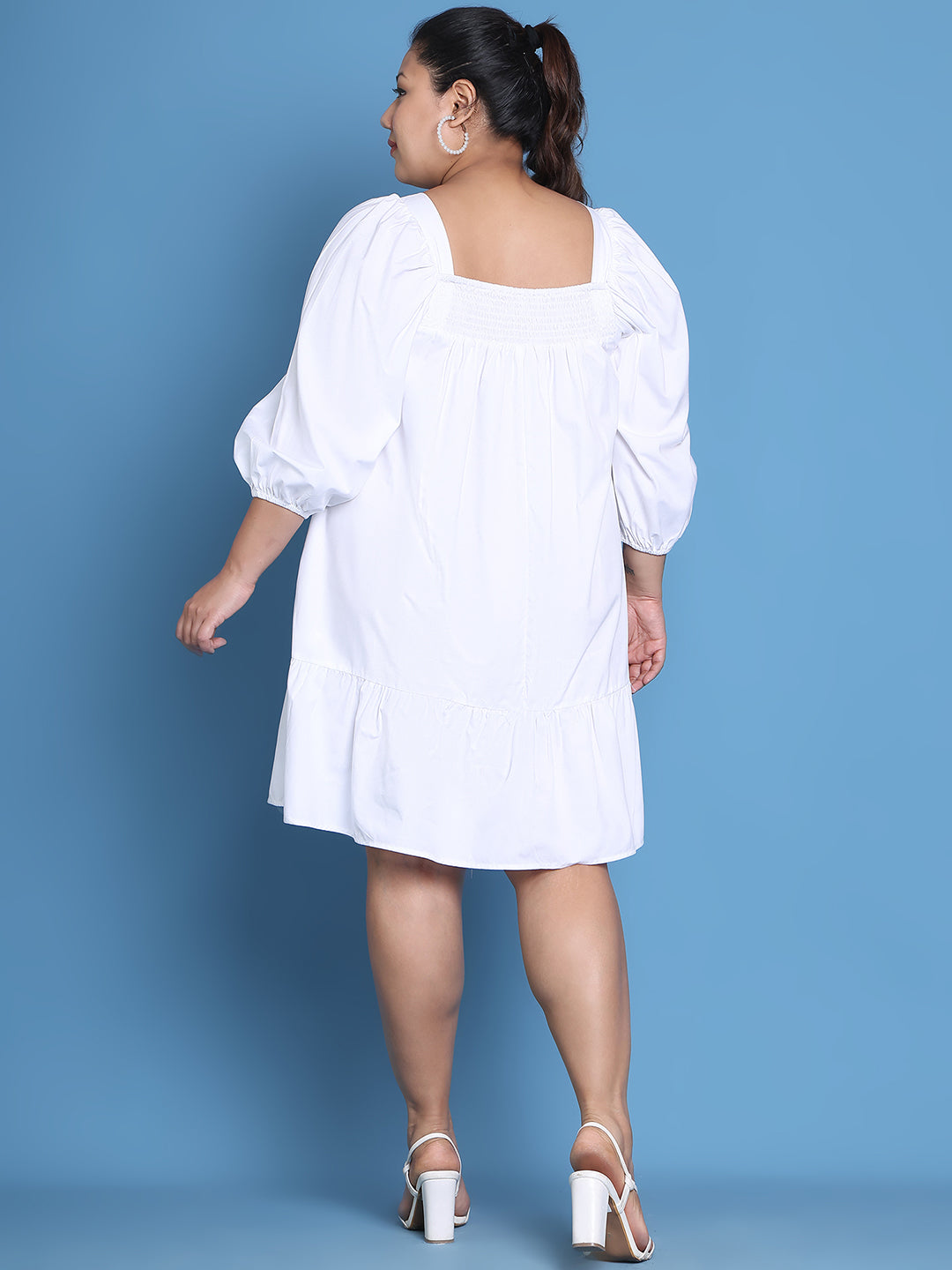 Women's Plus Size White solid color woven A-Line Dress