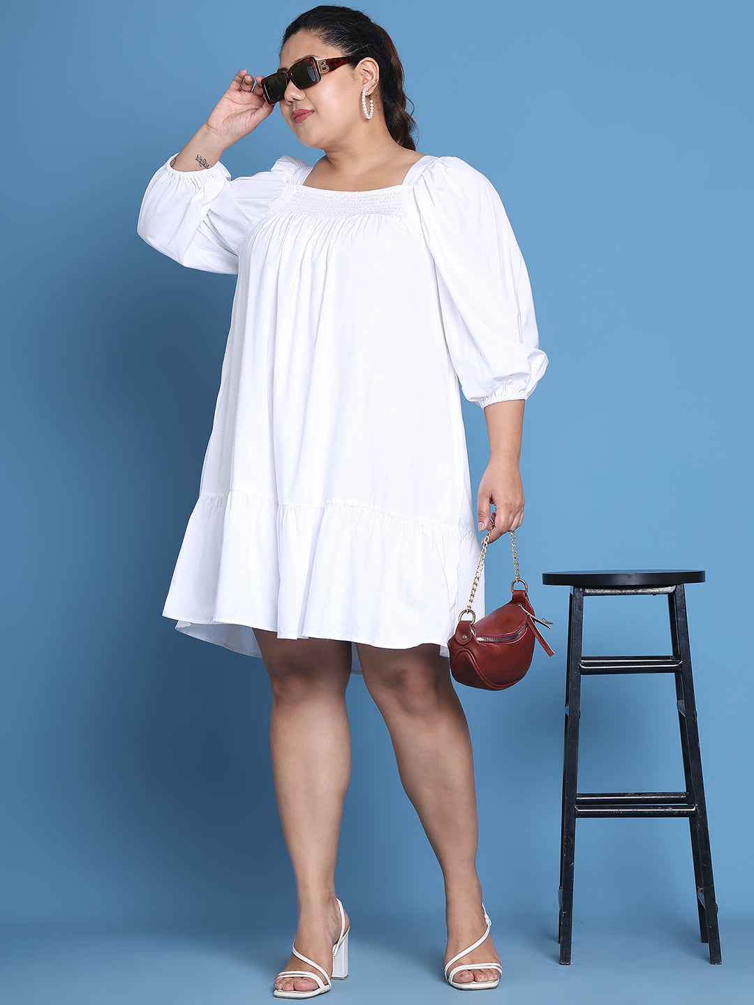 Women's Plus Size White solid color woven A-Line Dress