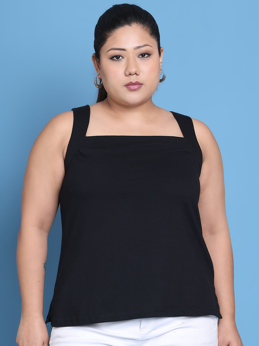 Women's Plus Size Black solid color cotton knitted Top