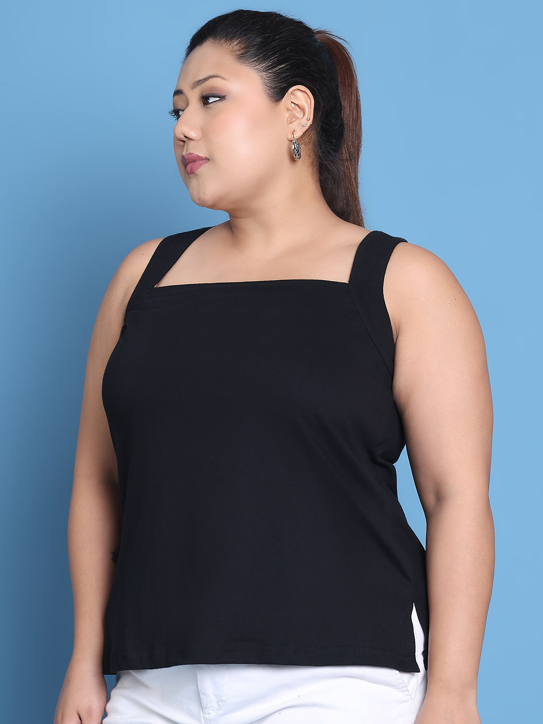 Women's Plus Size Black solid color cotton knitted Top