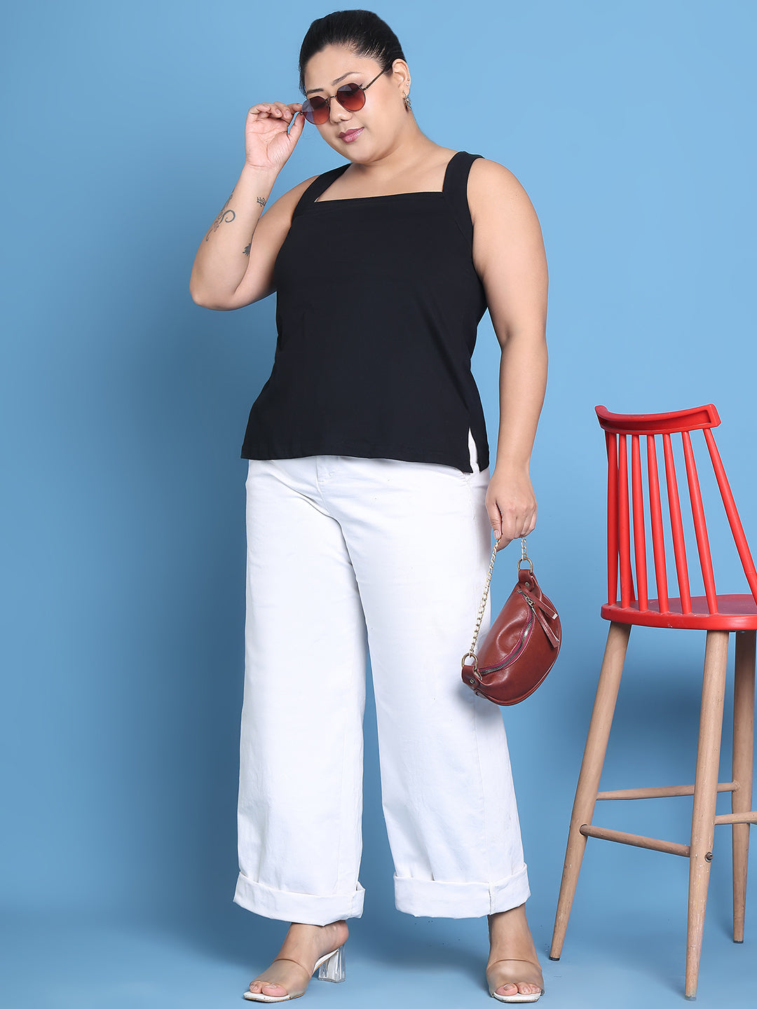 Women's Plus Size Black solid color cotton knitted Top