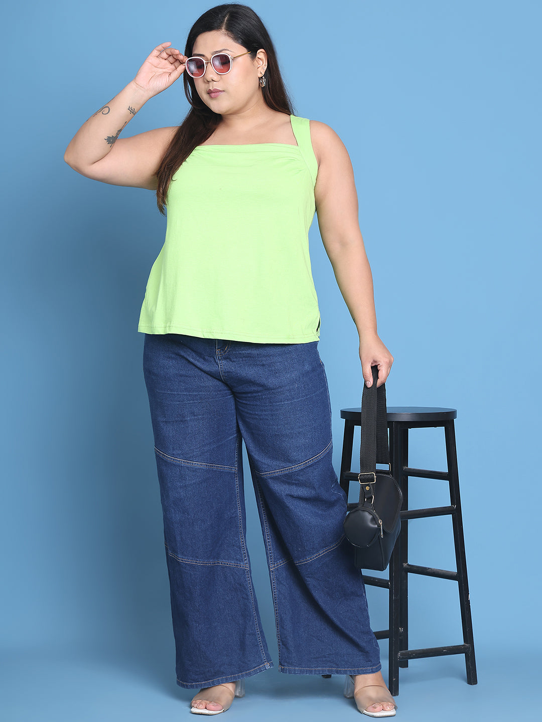 Women's Plus Size Bright Green solid color cotton knitted Top