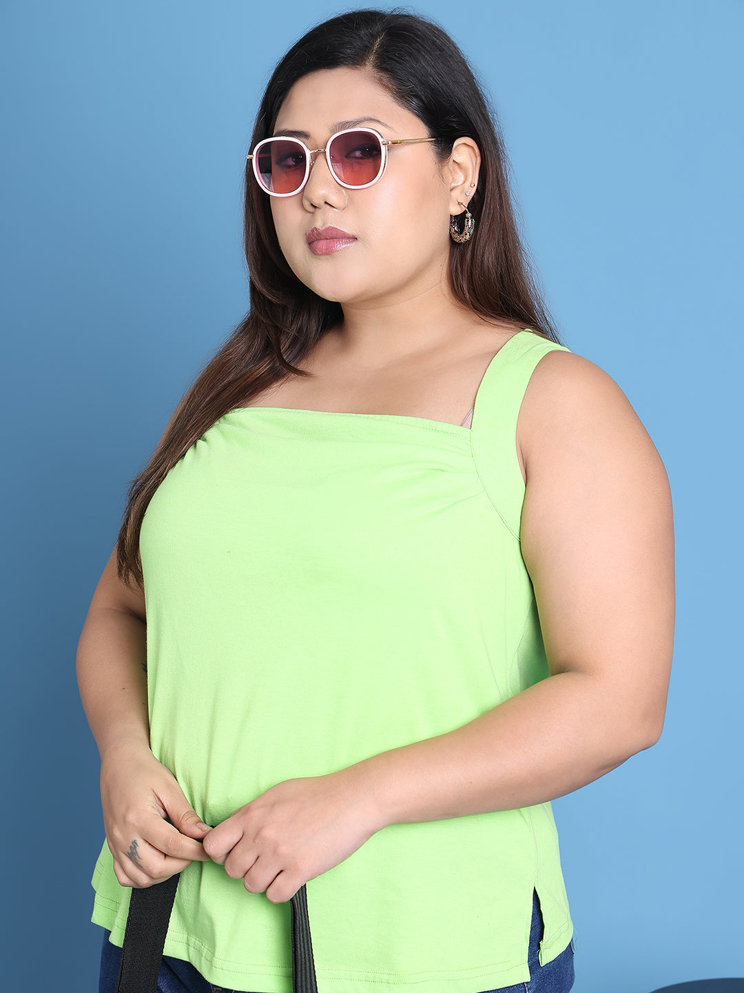 Women's Plus Size Bright Green solid color cotton knitted Top