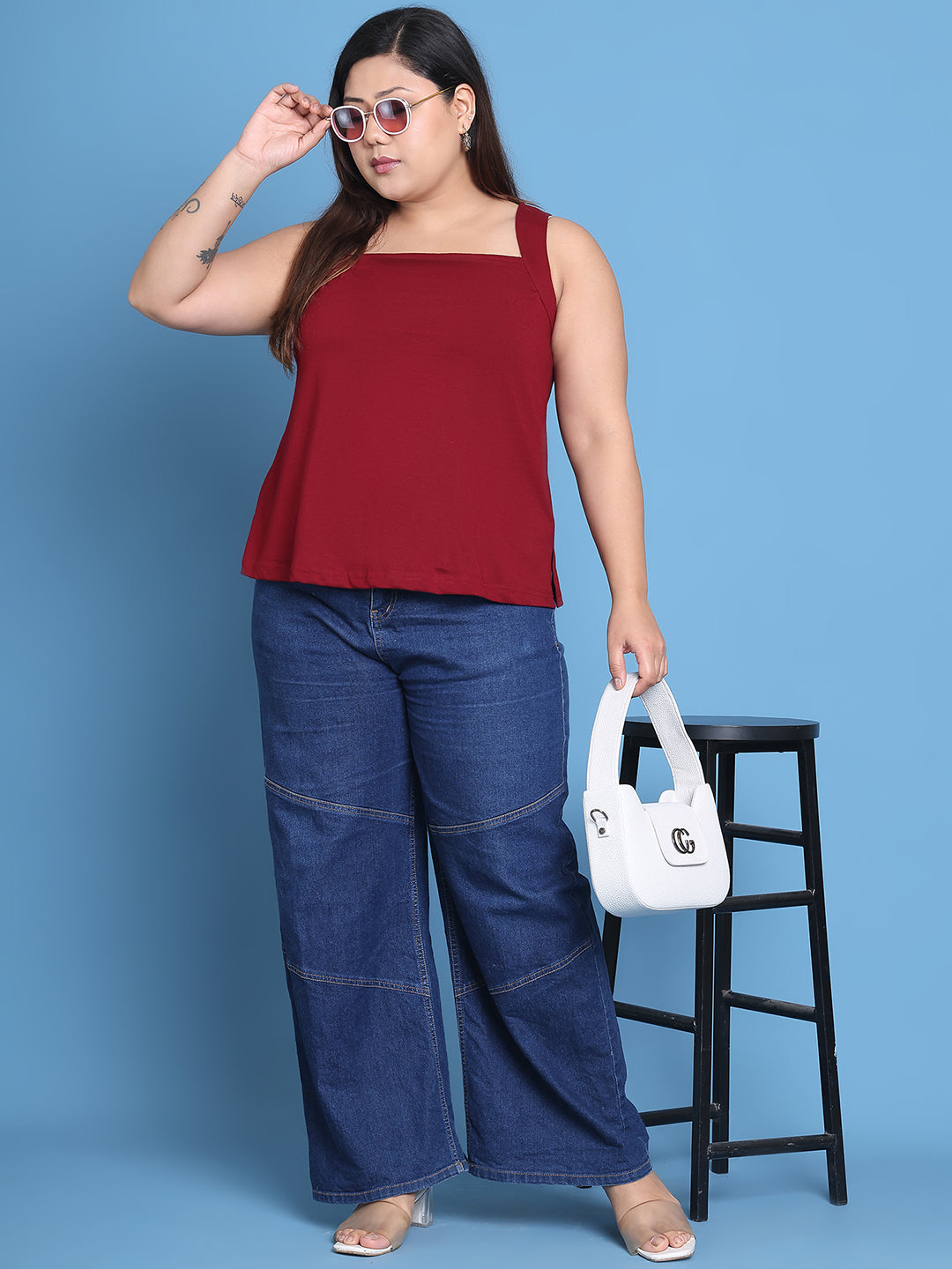 Women's Plus Size Maroon solid color cotton knitted Top