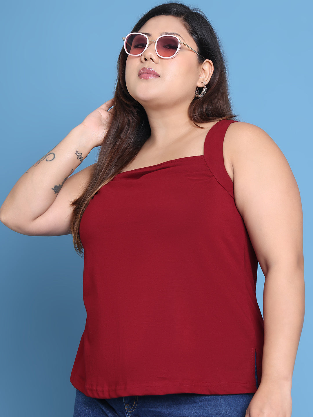 Women's Plus Size Maroon solid color cotton knitted Top