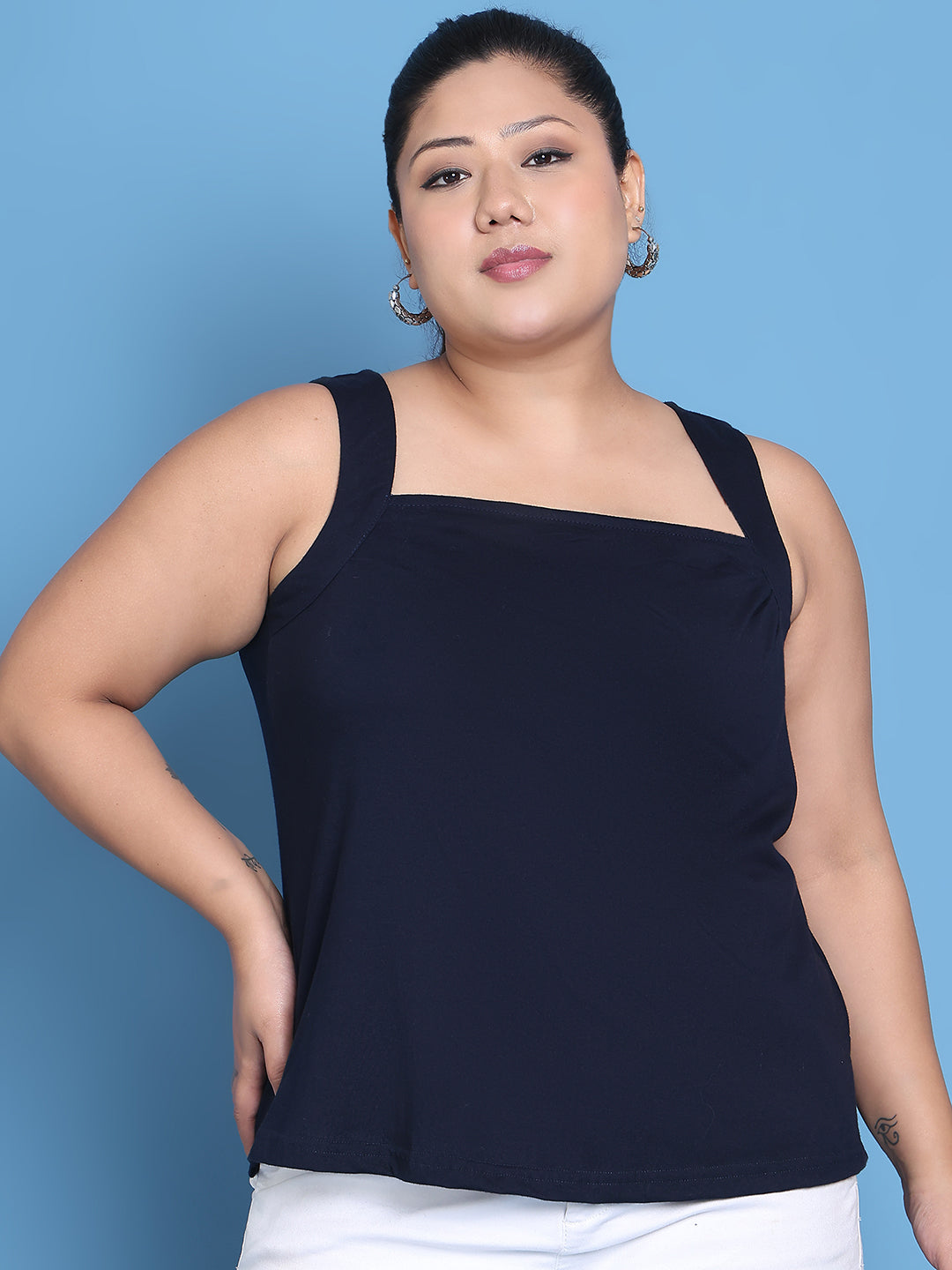 Women's Plus Size Navy Blue solid color cotton knitted Top