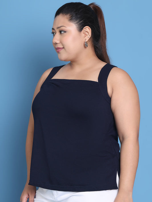 Women's Plus Size Navy Blue solid color cotton knitted Top