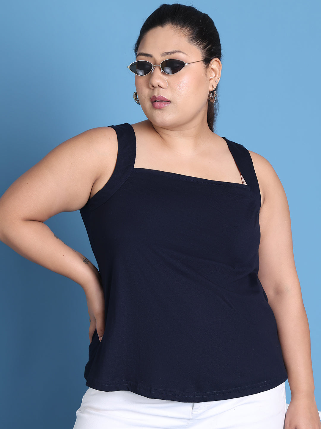 Women's Plus Size Navy Blue solid color cotton knitted Top