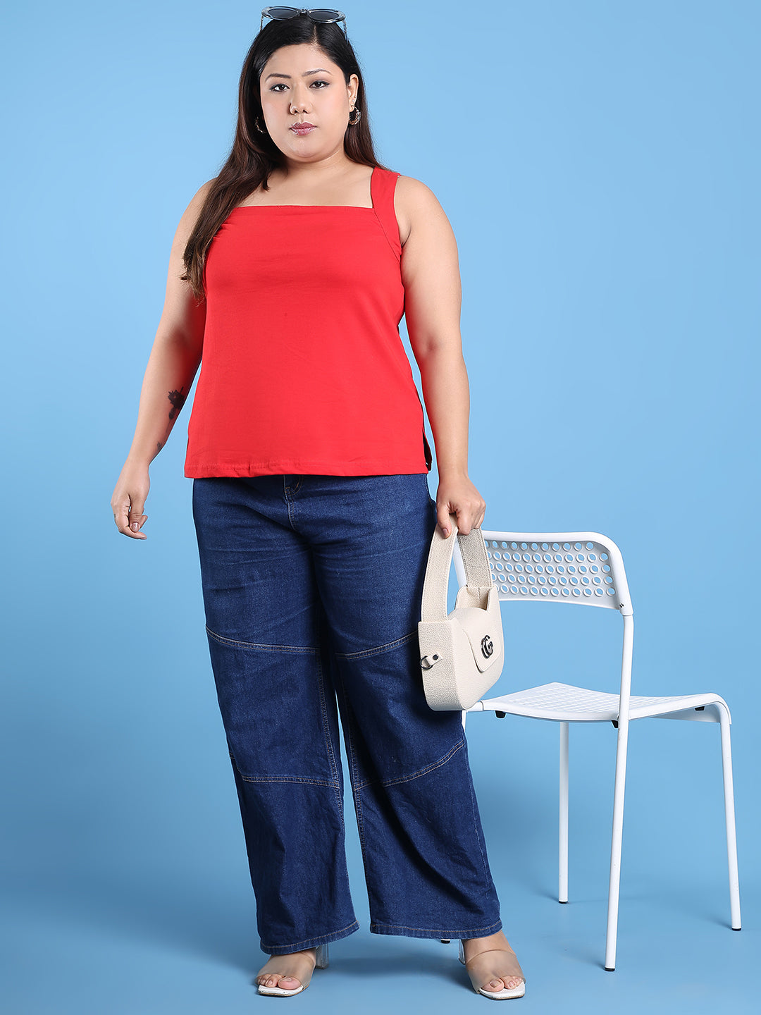 Women's Plus Size Red solid color cotton knitted Top