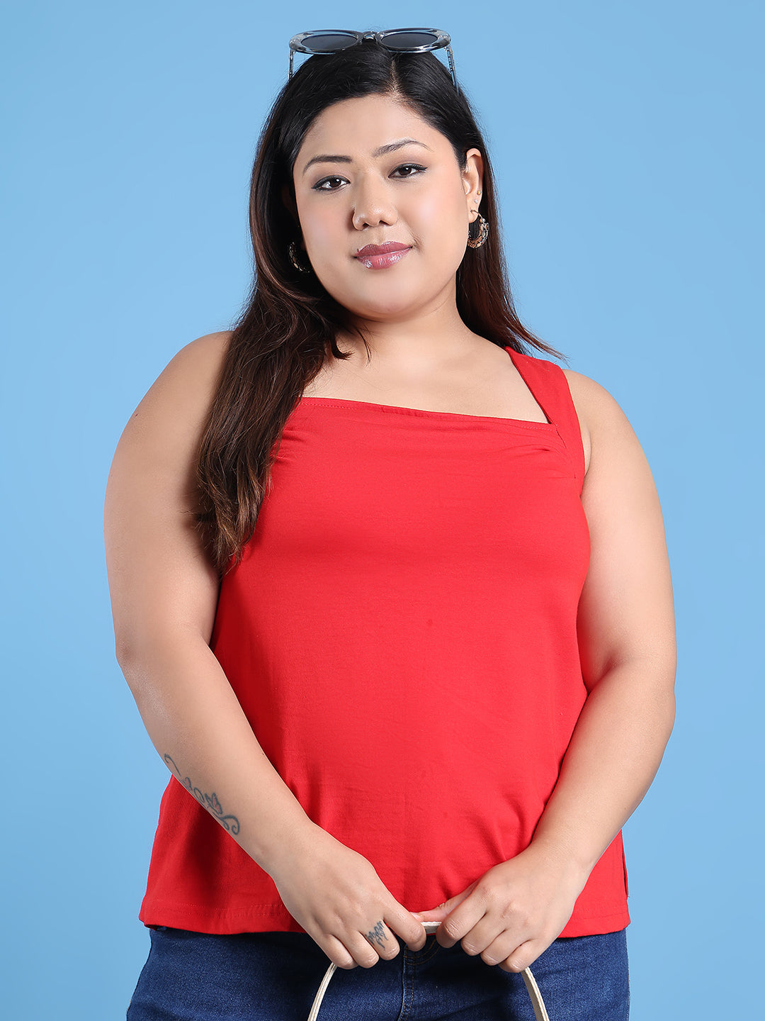 Women's Plus Size Red solid color cotton knitted Top