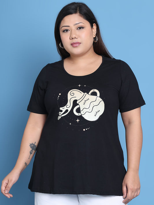 Women's Plus Size Black Solid Color Aquarius Zodiac Sign Printed Cotton T-shirt