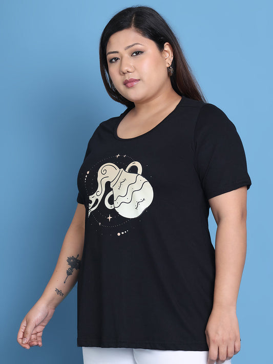 Women's Plus Size Black Solid Color Aquarius Zodiac Sign Printed Cotton T-shirt