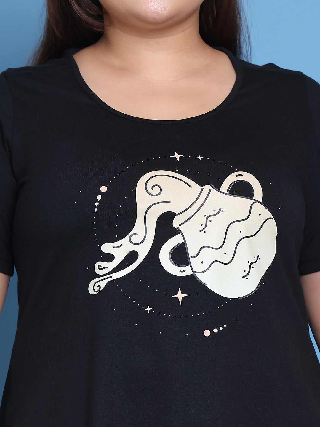 Women's Plus Size Black Solid Color Aquarius Zodiac Sign Printed Cotton T-shirt