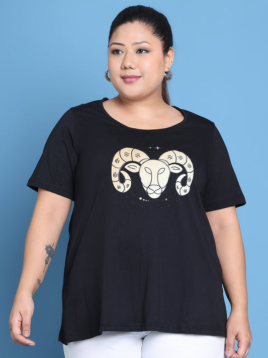 Women's Plus Size Black Solid Color Aries Zodiac Sign Printed Cotton T-shirt