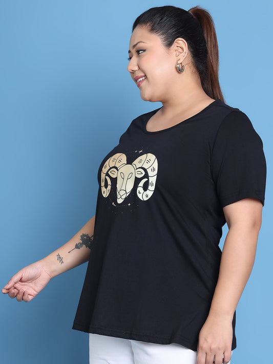 Women's Plus Size Black Solid Color Aries Zodiac Sign Printed Cotton T-shirt