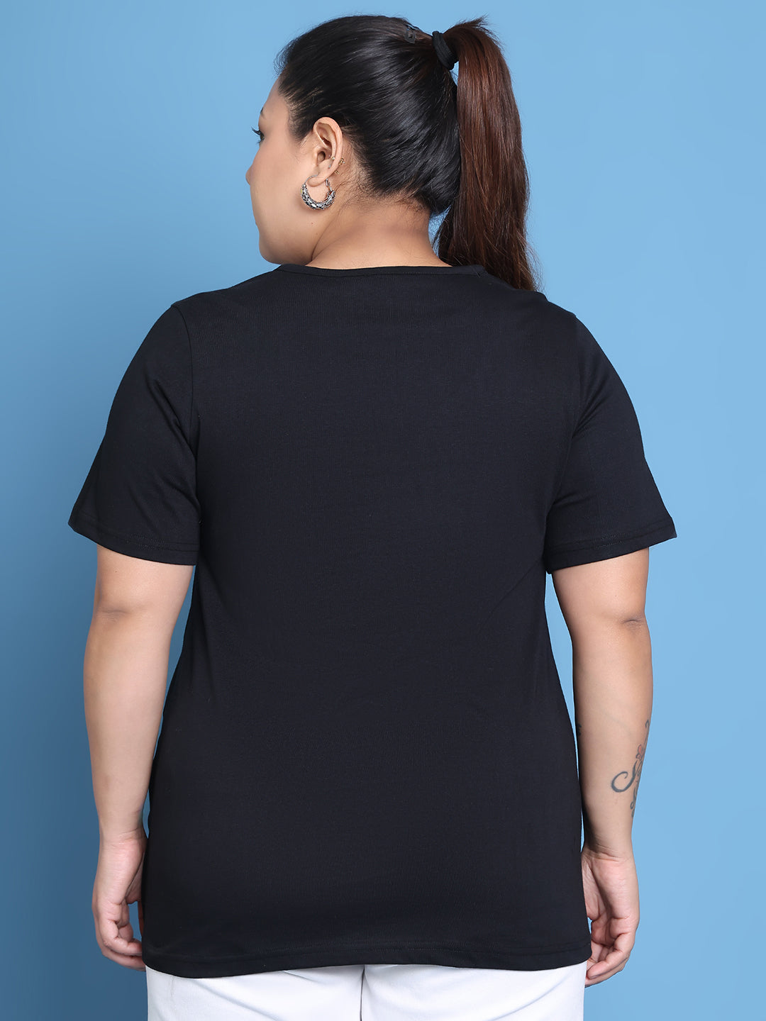 Women's Plus Size Black Solid Color Aries Zodiac Sign Printed Cotton T-shirt