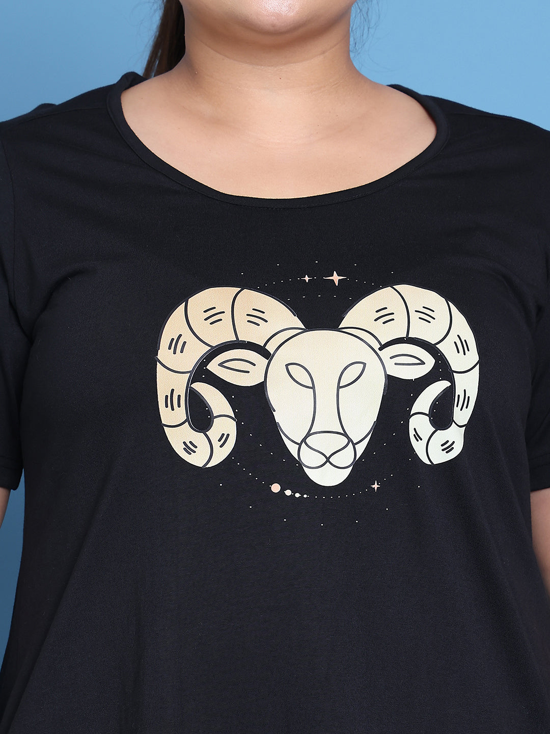 Women's Plus Size Black Solid Color Aries Zodiac Sign Printed Cotton T-shirt