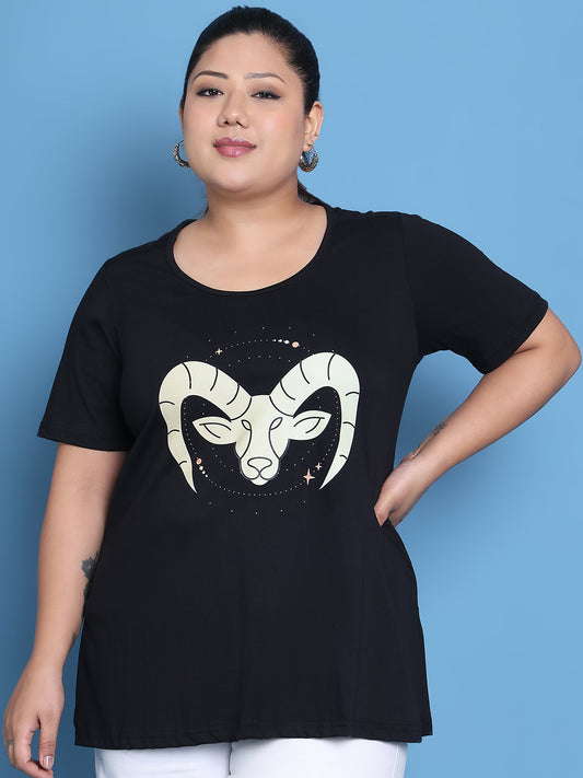 Women's Plus Size Black Solid Color Capricorn Zodiac Sign Printed Cotton T-shirt