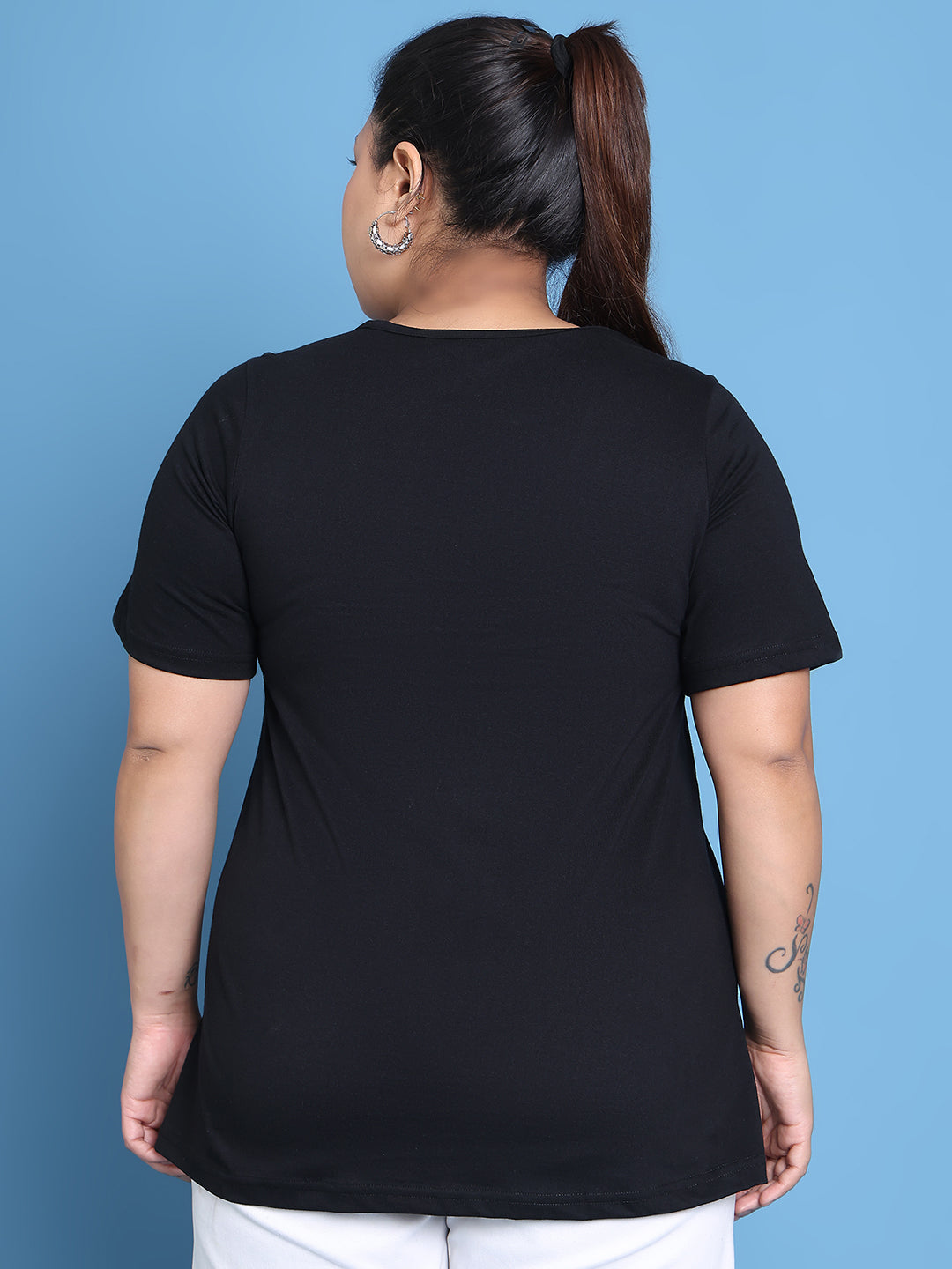 Women's Plus Size Black Solid Color Capricorn Zodiac Sign Printed Cotton T-shirt