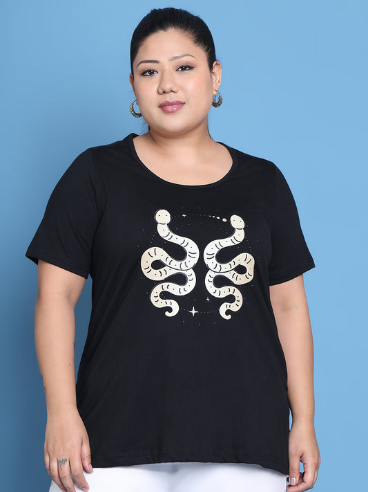 Women's Plus Size Black Solid Color Gemini Zodiac Sign Printed Cotton T-shirt