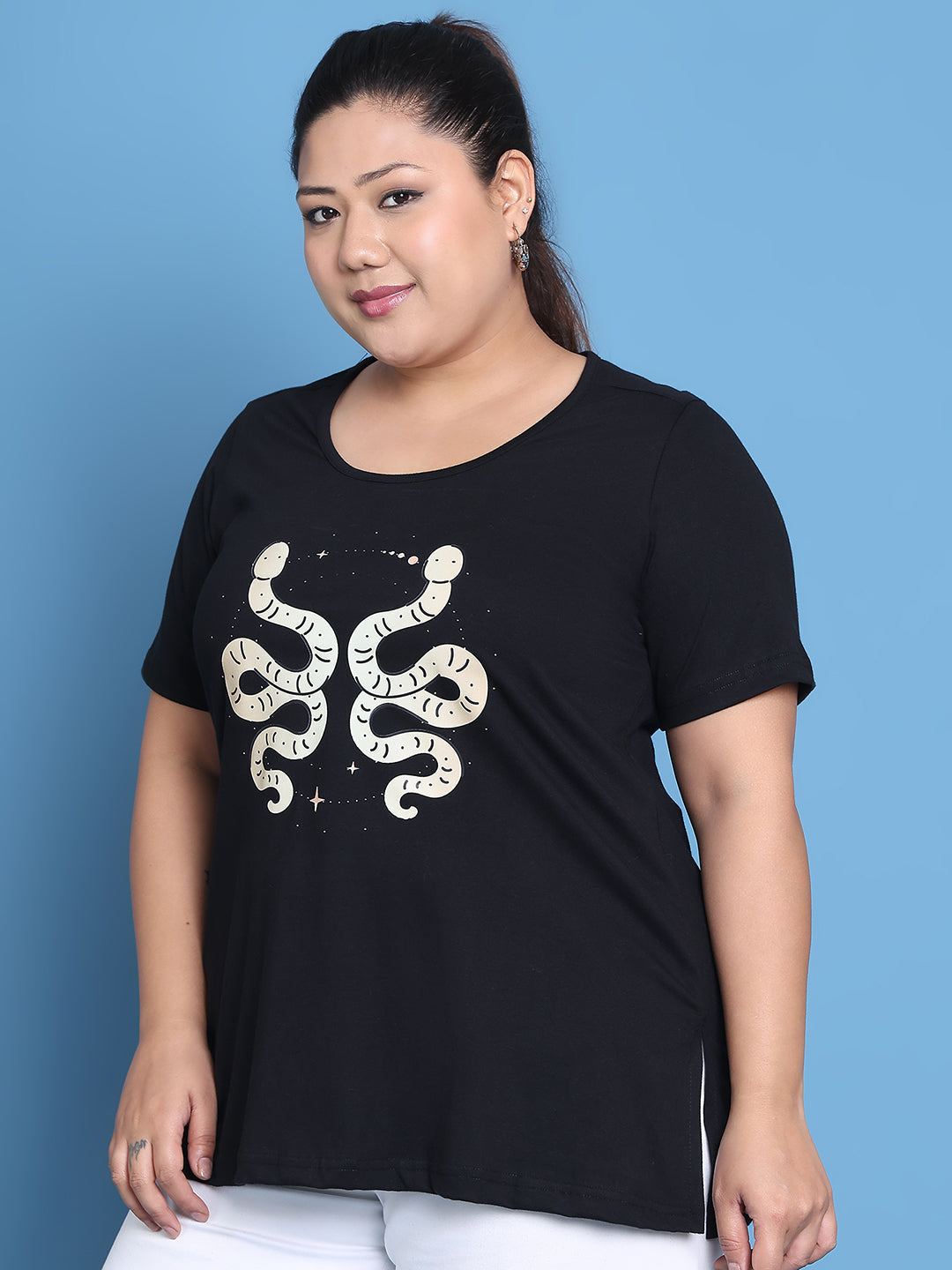 Women's Plus Size Black Solid Color Gemini Zodiac Sign Printed Cotton T-shirt