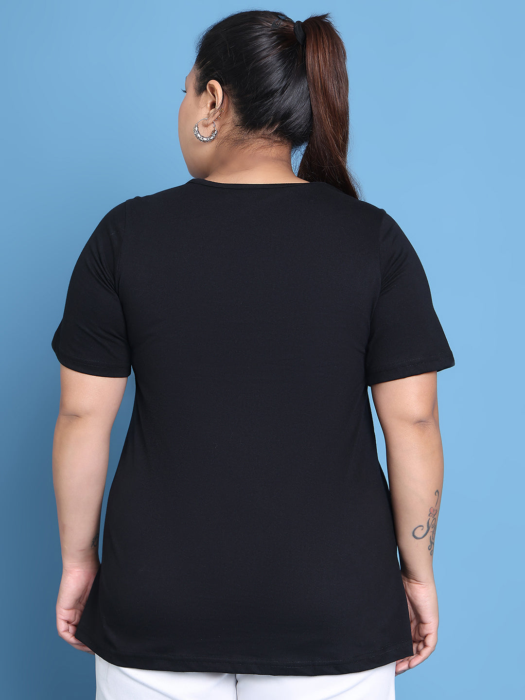 Women's Plus Size Black Solid Color Gemini Zodiac Sign Printed Cotton T-shirt