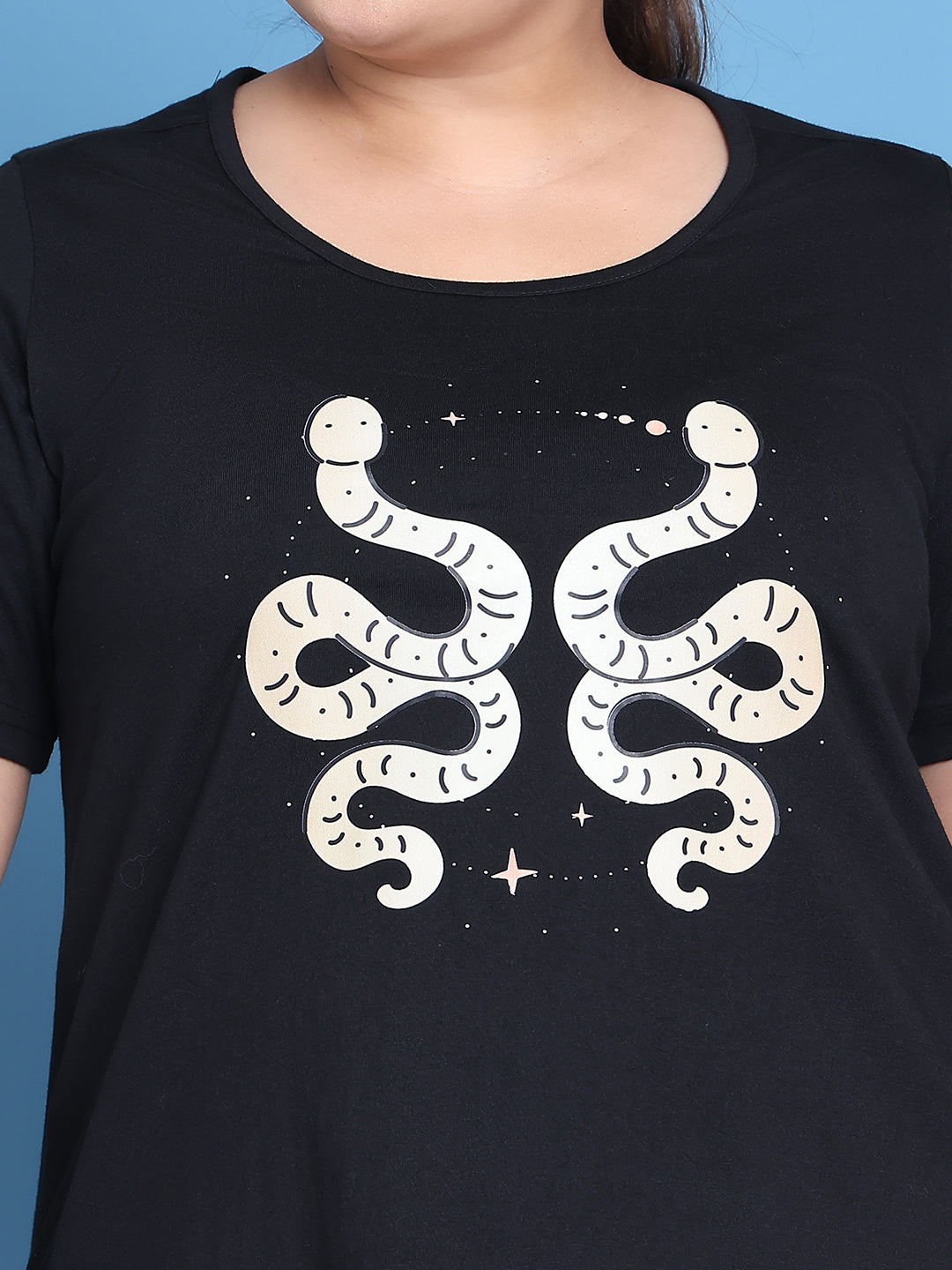Women's Plus Size Black Solid Color Gemini Zodiac Sign Printed Cotton T-shirt