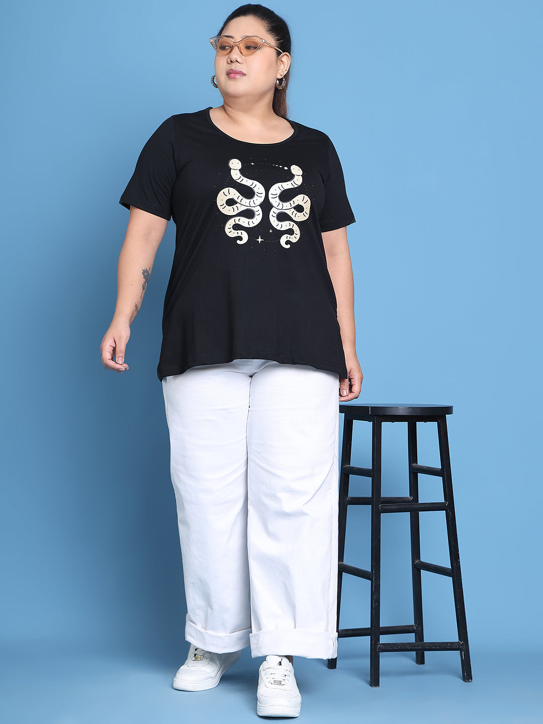 Women's Plus Size Black Solid Color Gemini Zodiac Sign Printed Cotton T-shirt
