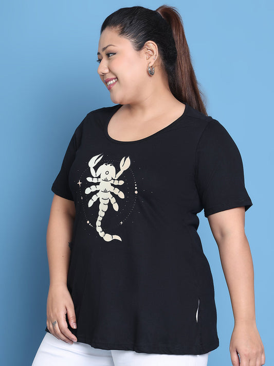 Women's Plus Size Black Solid Color Scorpio Zodiac Sign Printed Cotton T-shirt