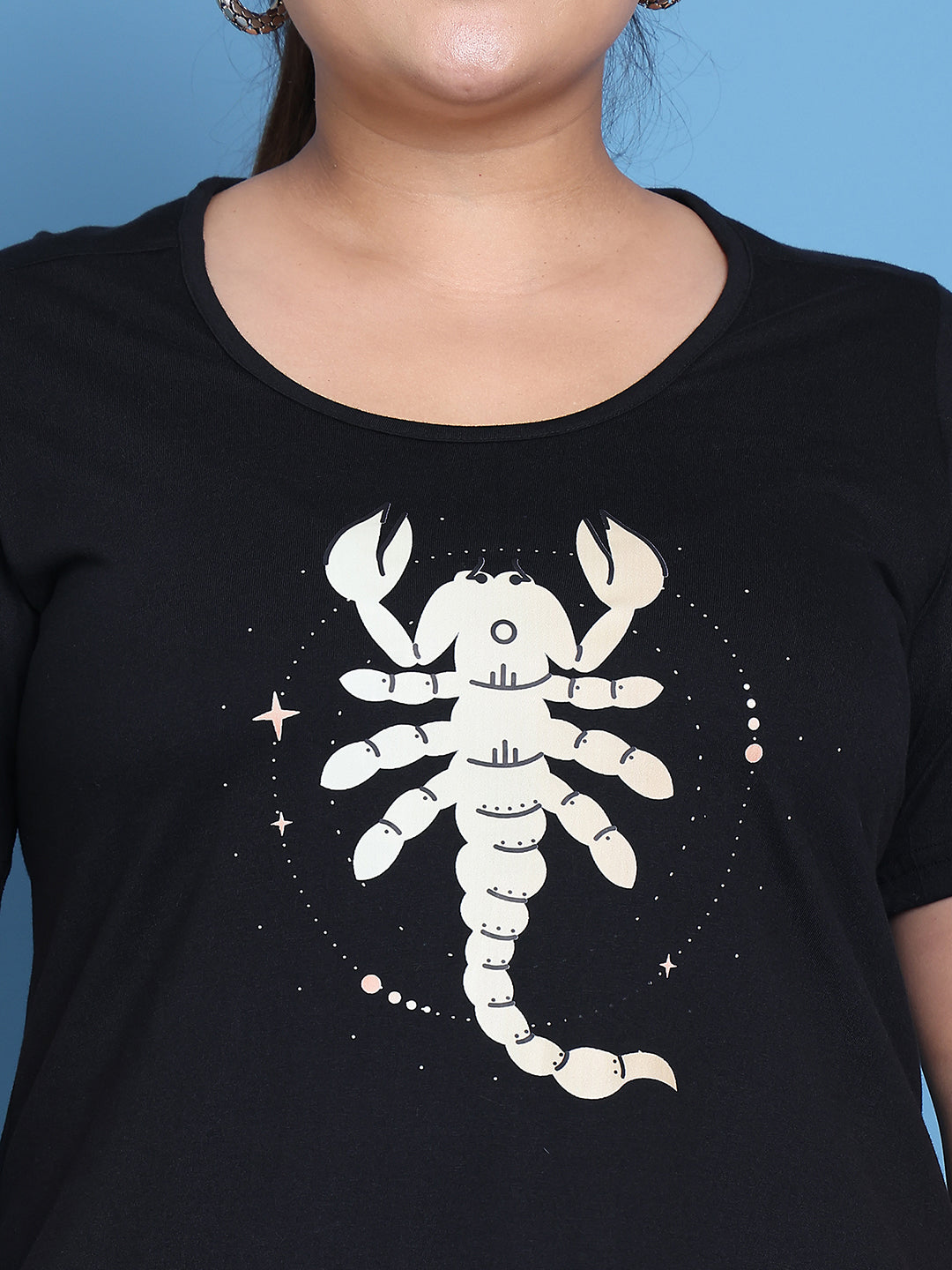Women's Plus Size Black Solid Color Scorpio Zodiac Sign Printed Cotton T-shirt