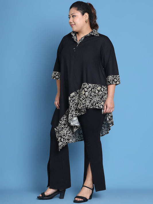 Women's Plus Size Black Solid Color and Black Batik Floral printed detail woven longline top