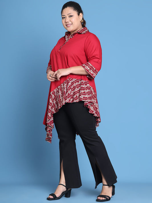 Women's Plus Size Maroon Solid Color and Maroon Gold Foil printed detail woven longline top