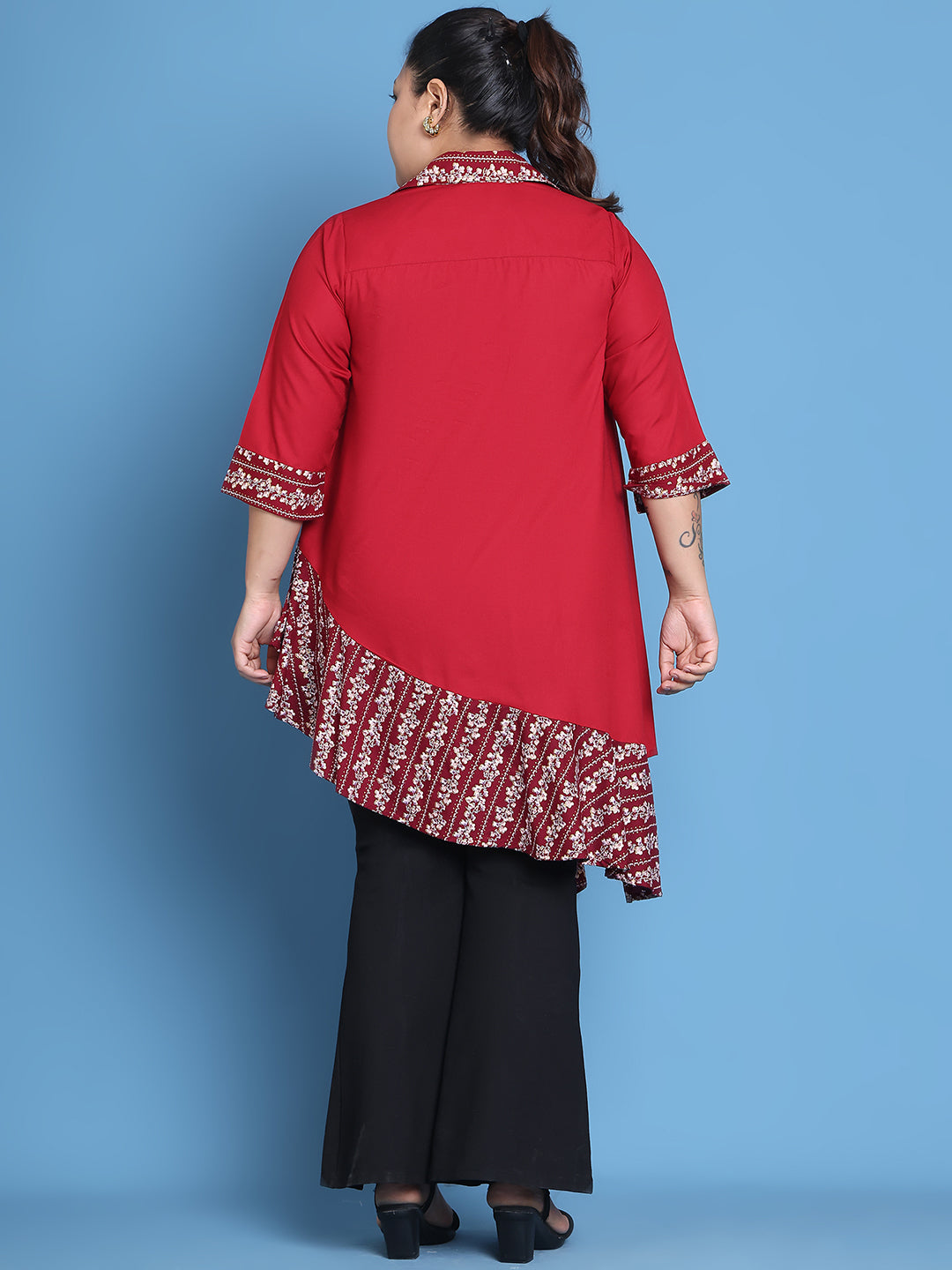 Women's Plus Size Maroon Solid Color and Maroon Gold Foil printed detail woven longline top