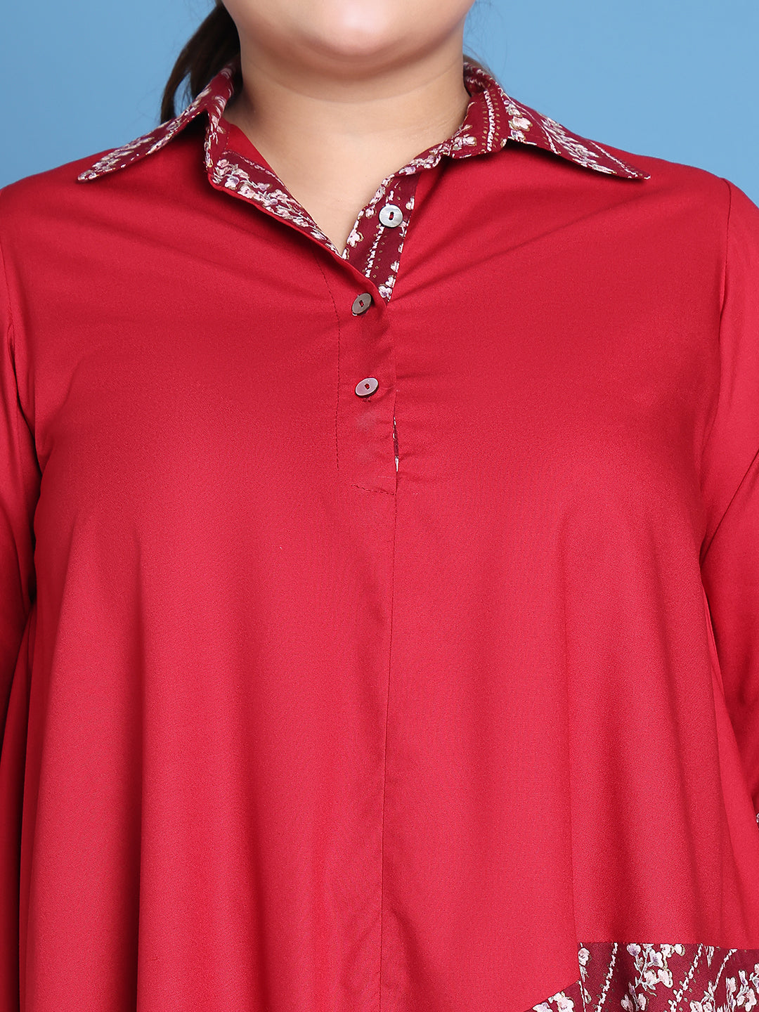 Women's Plus Size Maroon Solid Color and Maroon Gold Foil printed detail woven longline top