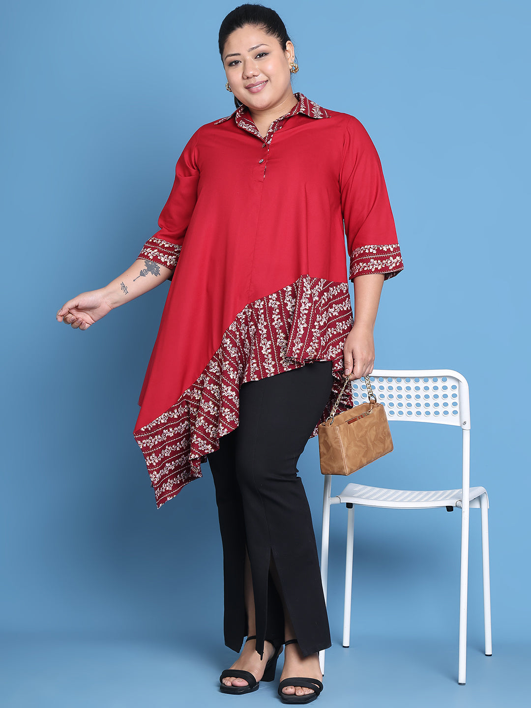 Women's Plus Size Maroon Solid Color and Maroon Gold Foil printed detail woven longline top