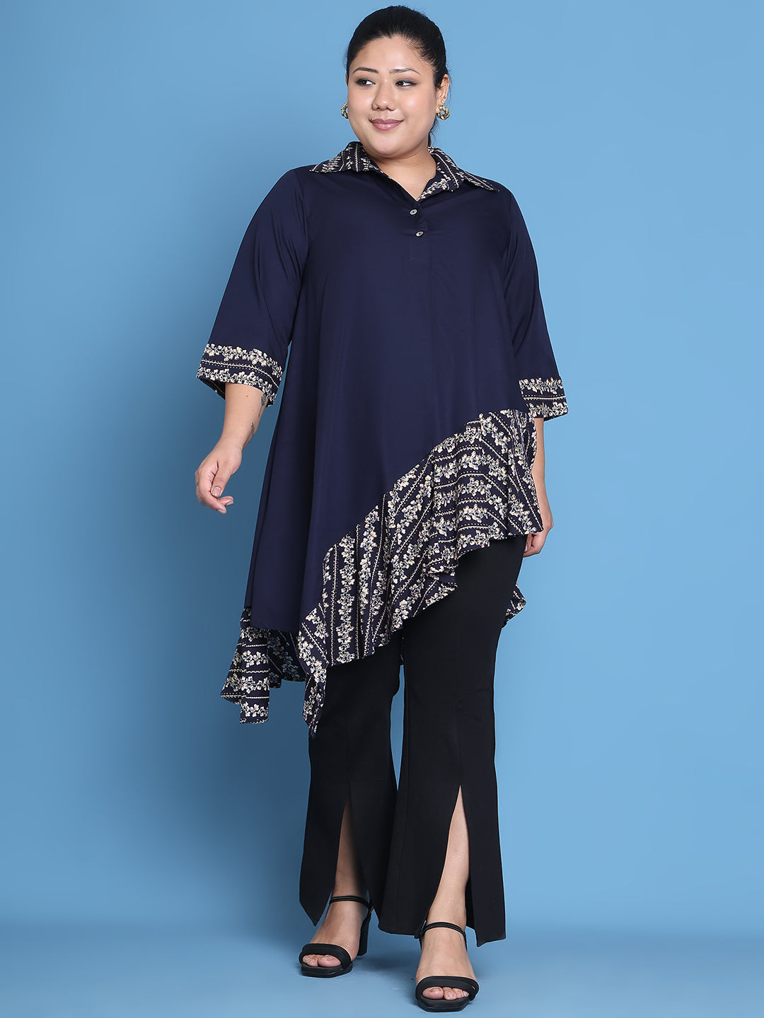 Women's Plus Size Navy Solid Color and Navy Gold Foil printed detail woven longline top