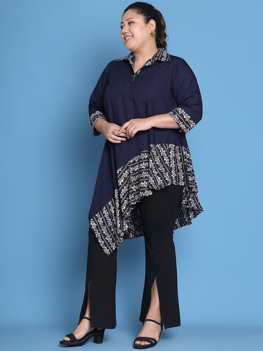 Women's Plus Size Navy Solid Color and Navy Gold Foil printed detail woven longline top