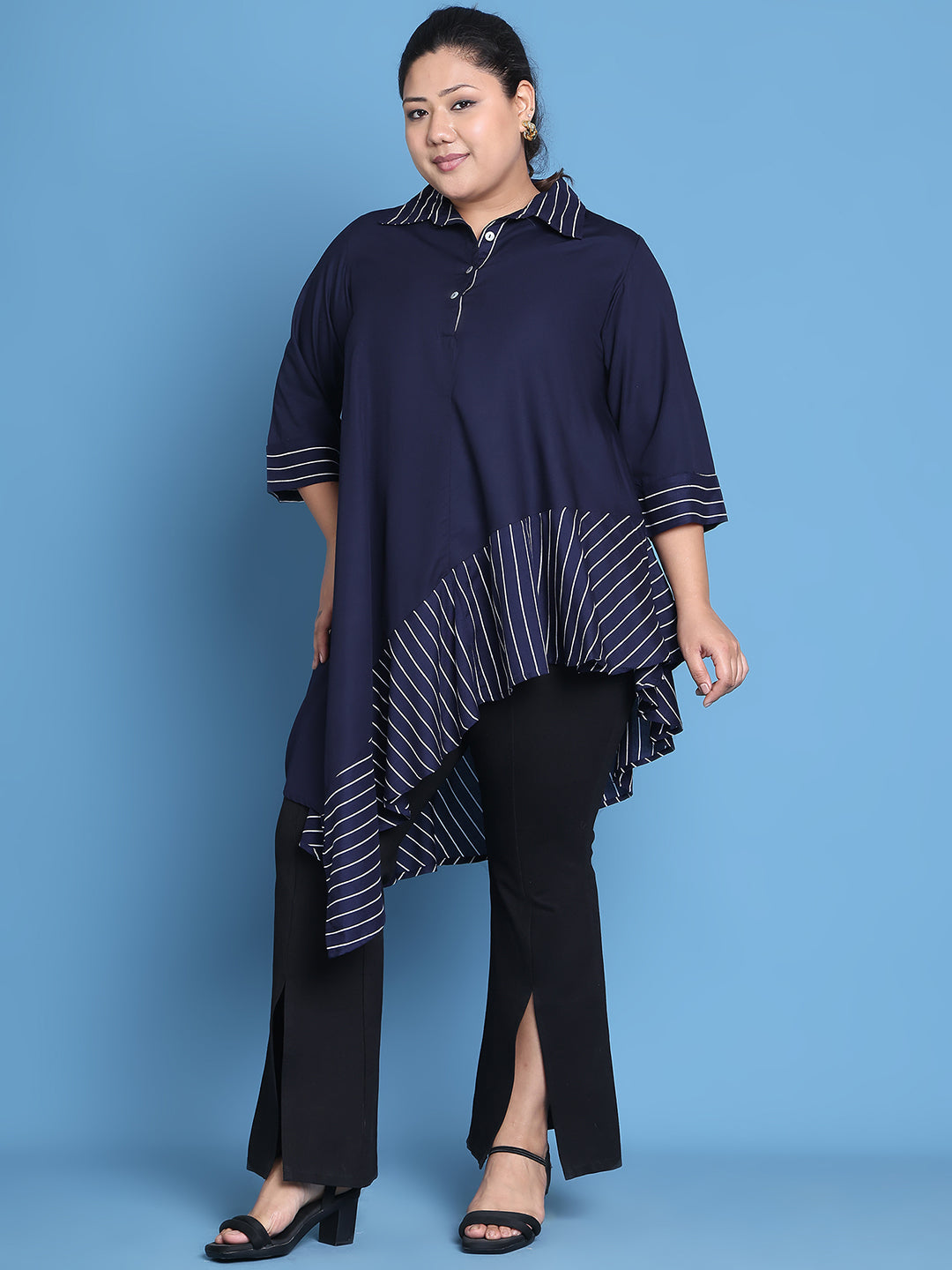 Women's Plus Size Navy Solid Color and Navy Stripe printed detail woven longline top