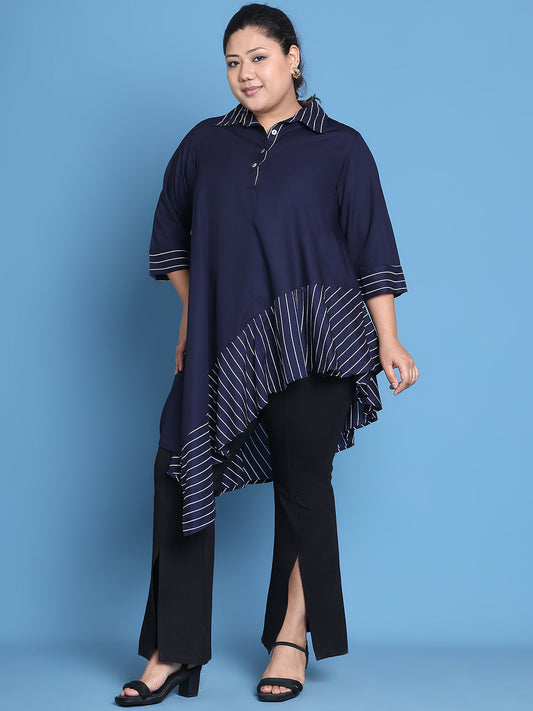 Women's Plus Size Navy Solid Color and Navy Stripe printed detail woven longline top