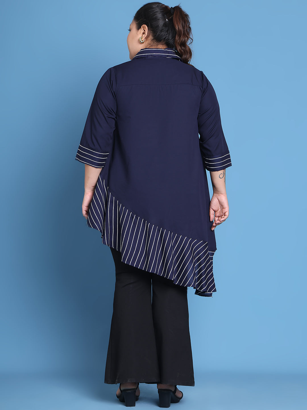Women's Plus Size Navy Solid Color and Navy Stripe printed detail woven longline top