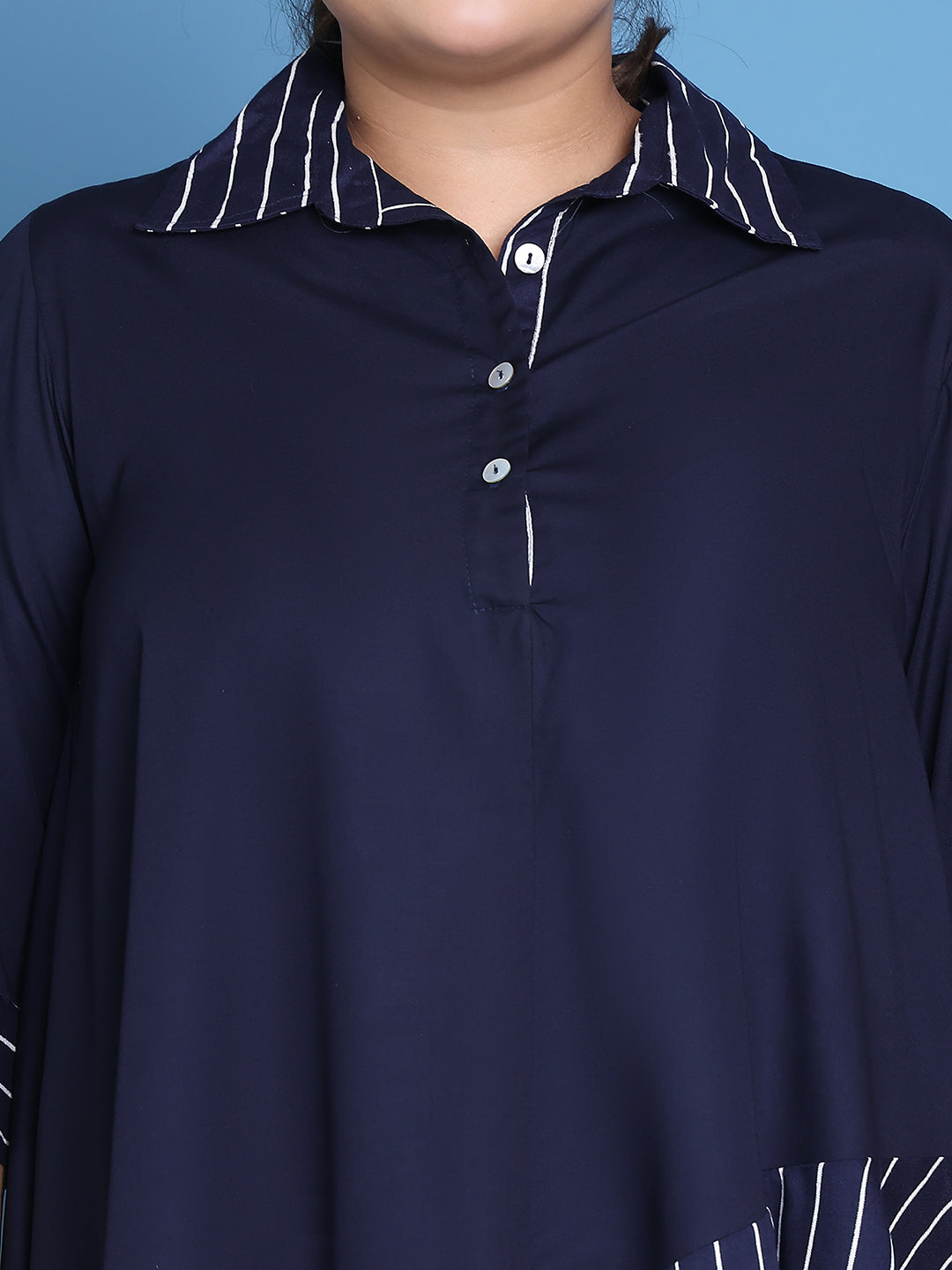 Women's Plus Size Navy Solid Color and Navy Stripe printed detail woven longline top